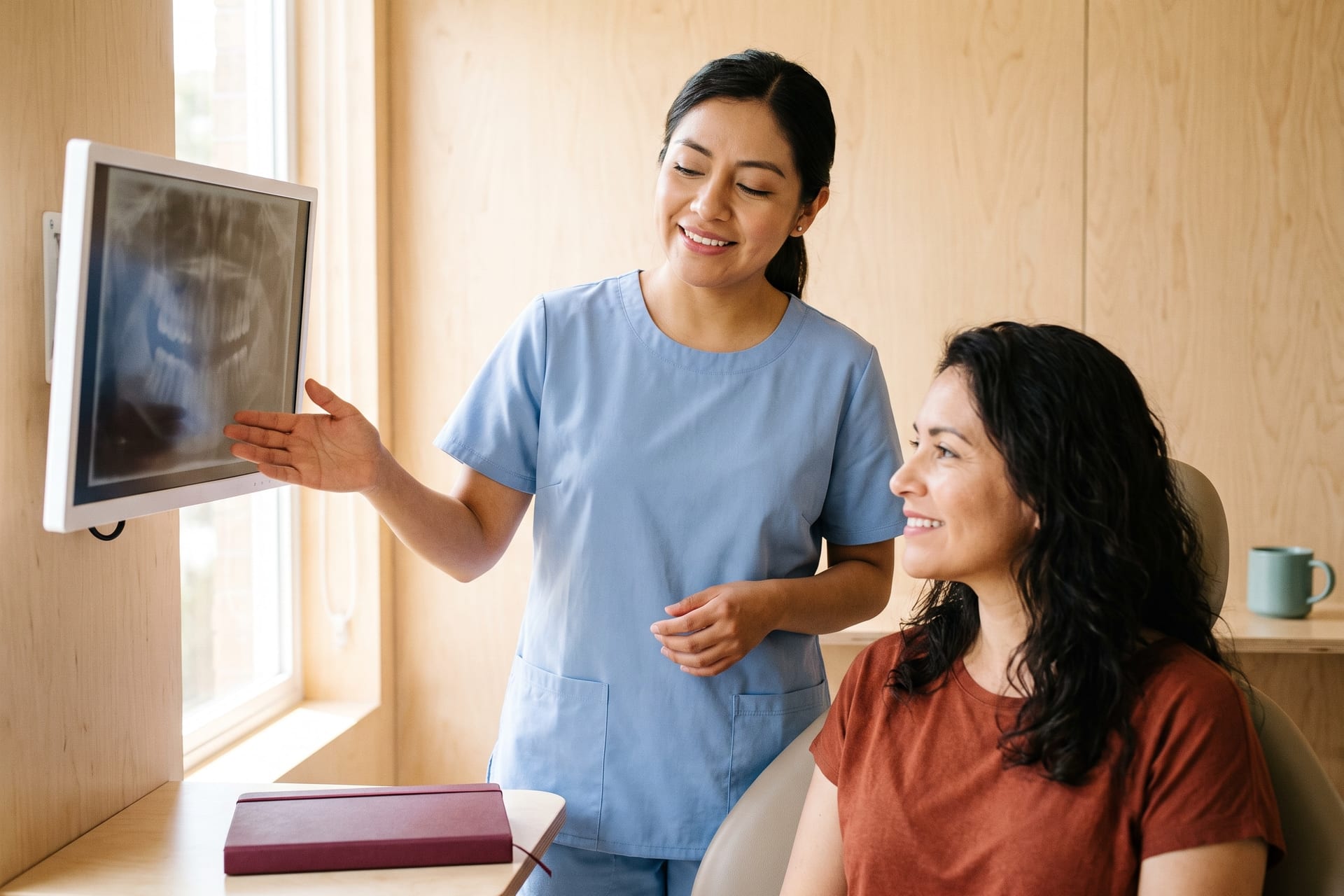 Una especialista señala una radiografía en una pantalla y se la explica a una paciente sentada junto a ella